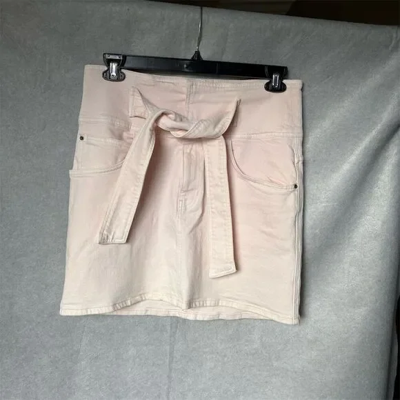 Rebecca Minkoff l Pink Denim Mini High Rise Skirt Size L Tie-Front Casual - Picture 2 of 6